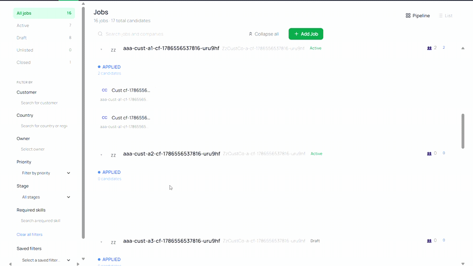 trinity-v2 — pipeline de búsquedas, lista de candidatos y panel de reportes